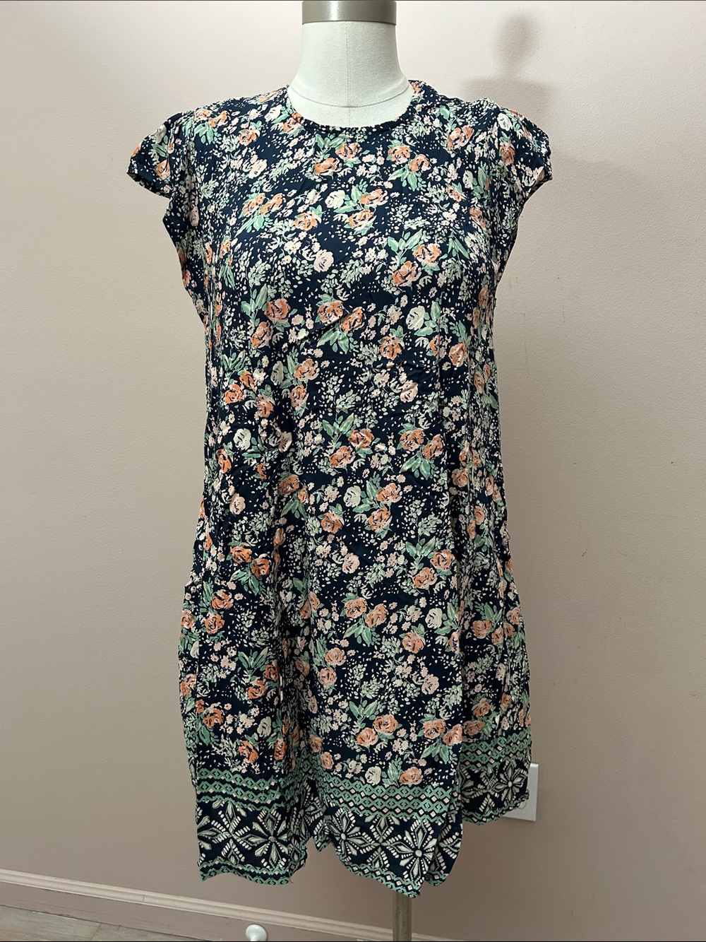 Angie Rayon Navy Floral Mini Dress with Peach and Green Accents size M